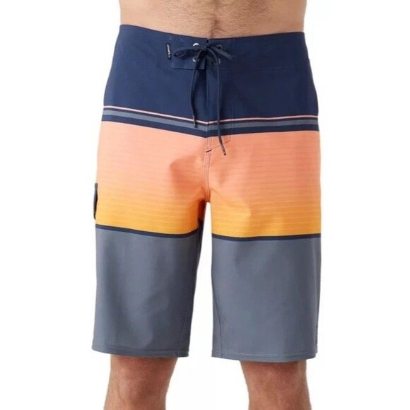 O'Neill Lennox Stripe Boardshorts Mens 32 Blue Orange Gray Stretch Hyperdry NEW - Picture 1 of 11